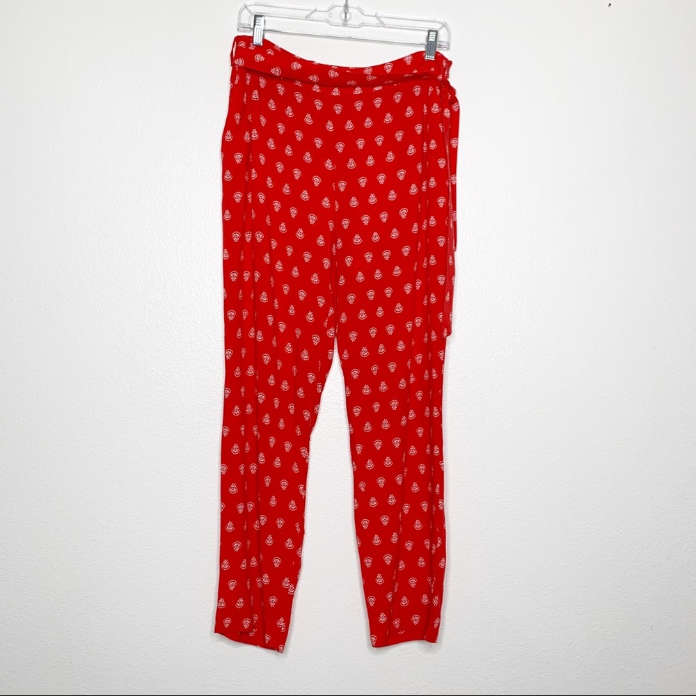 Sezane Red Cropped Pants with Subtle White Design